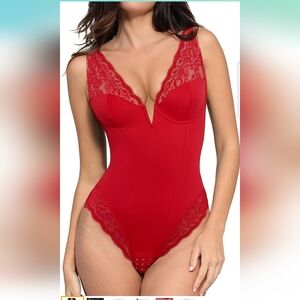 Popilush Red Lace V Neck Corset Shapewear Tummy Control Bodysuit Size 3XL